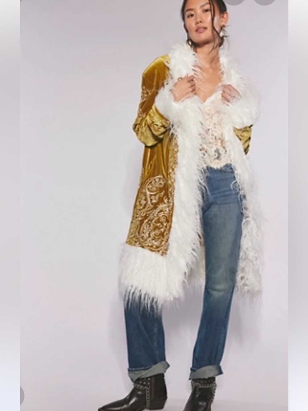 Understated Moon Glow Velvet Feather-Trim Long Coat